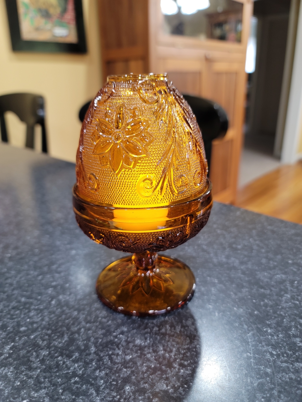 Vintage Indiana Glass Tiara Golden Amber Fairy Lamp Sandwich Pattern 6" Tall